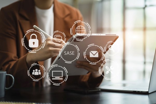 SASE-i-stock-person-1 Hand touching Secure Access Service Edge on smartphone virtual screen background, password, network, framework and support technology in office. SASE secure access service edge concept.